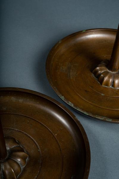 Pair of Japanese Bronze Tray Base Candlesticks