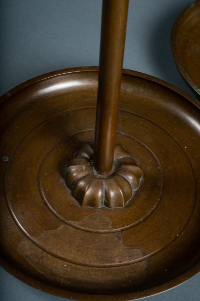 Pair of Japanese Bronze Tray Base Candlesticks