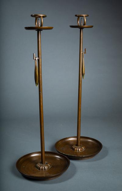 Pair of Japanese Bronze Tray Base Candlesticks