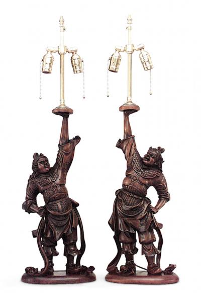 Pair of Japanese Carved Teak Samurai Figure Table Lamps