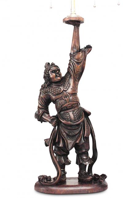 Pair of Japanese Carved Teak Samurai Figure Table Lamps