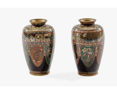 Pair of Japanese Cloisonn Enamel Vases with Dragon and Phoenix Attributed Ando