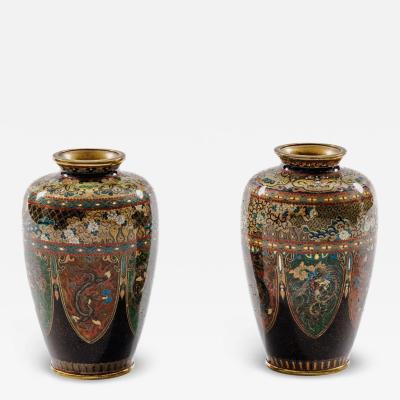 Pair of Japanese Cloisonn Enamel Vases with Dragon and Phoenix Attributed Ando