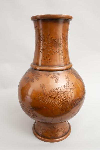 Pair of Japanese Large Bronze Vases with Turtles and Cranes