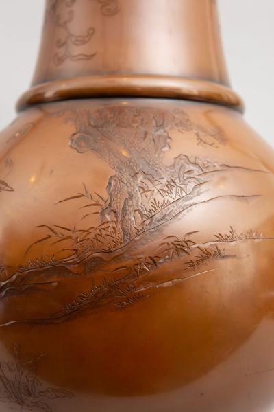 Pair of Japanese Large Bronze Vases with Turtles and Cranes