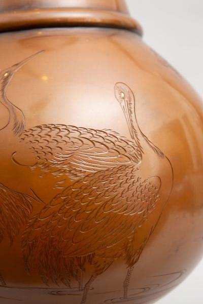 Pair of Japanese Large Bronze Vases with Turtles and Cranes