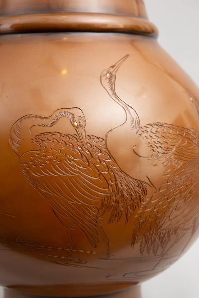 Pair of Japanese Large Bronze Vases with Turtles and Cranes
