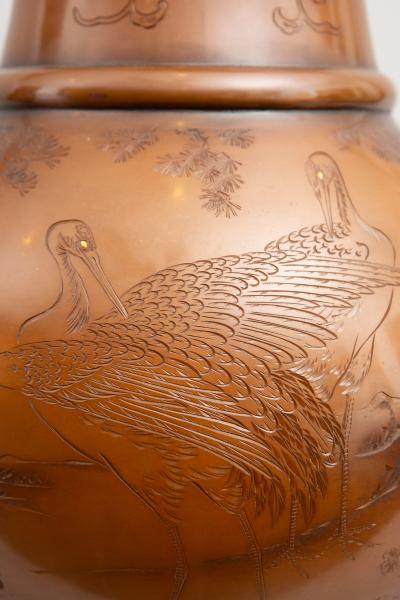 Pair of Japanese Large Bronze Vases with Turtles and Cranes