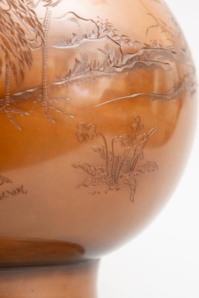 Pair of Japanese Large Bronze Vases with Turtles and Cranes