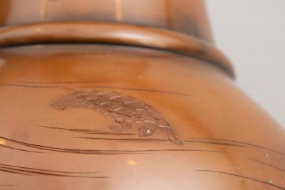 Pair of Japanese Large Bronze Vases with Turtles and Cranes