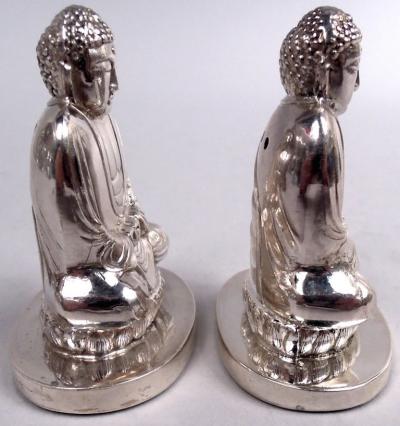 Pair of Japanese Silver Figural Buddha Salt Pepper Shakers