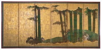 Pair of Japanese Six Panel Screens Bamboo Forest on Gold