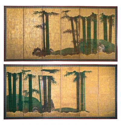 Pair of Japanese Six Panel Screens Bamboo Forest on Gold