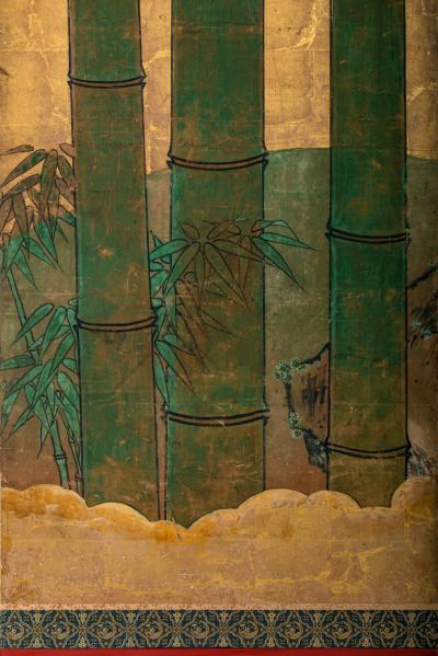 Pair of Japanese Six Panel Screens Bamboo Forest on Gold