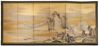Pair of Japanese Six Panel Screens Chinese Mountain Village