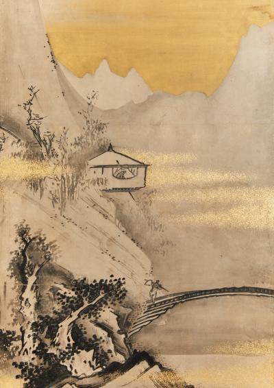 Pair of Japanese Six Panel Screens Chinese Mountain Village
