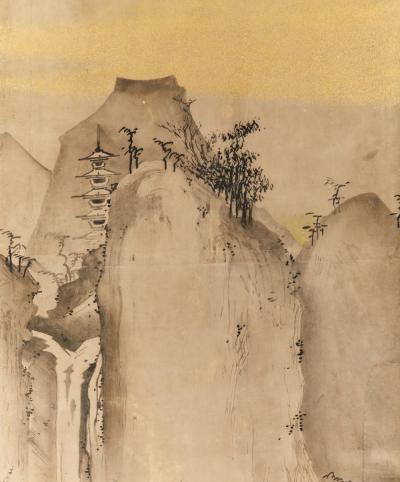 Pair of Japanese Six Panel Screens Chinese Mountain Village