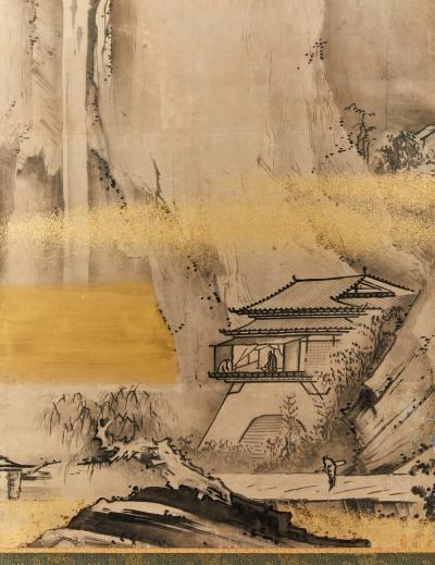 Pair of Japanese Six Panel Screens Chinese Mountain Village