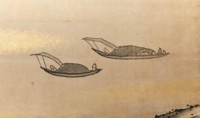 Pair of Japanese Six Panel Screens Chinese Mountain Village