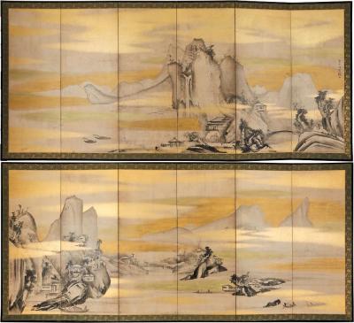 Pair of Japanese Six Panel Screens Chinese Mountain Village