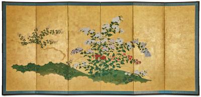 Pair of Japanese Six Panel Screens Chrysanthemums