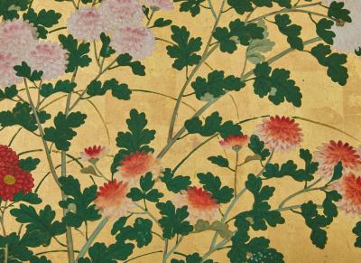 Pair of Japanese Six Panel Screens Chrysanthemums