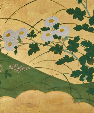 Pair of Japanese Six Panel Screens Chrysanthemums