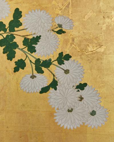 Pair of Japanese Six Panel Screens Chrysanthemums