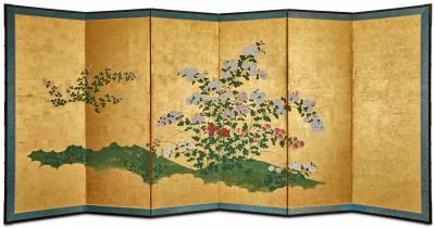 Pair of Japanese Six Panel Screens Chrysanthemums