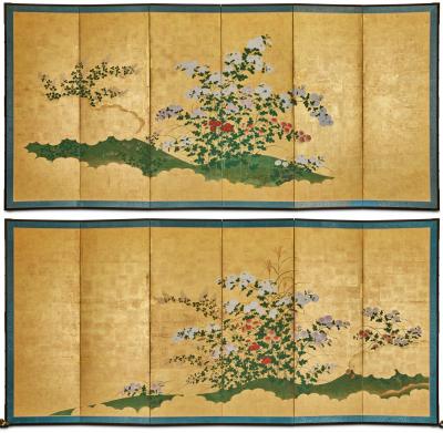 Pair of Japanese Six Panel Screens Chrysanthemums