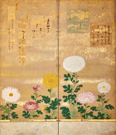 Pair of Japanese Six Panel Screens Chrysanthemums with Poem Cards