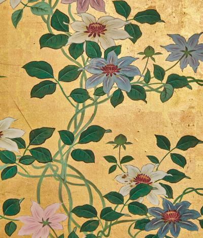 Pair of Japanese Six Panel Screens Clematis