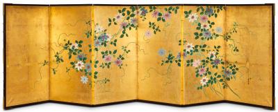Pair of Japanese Six Panel Screens Clematis
