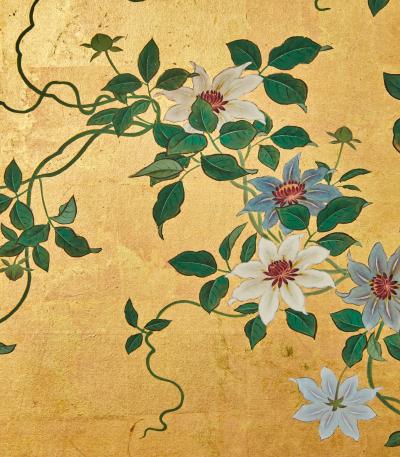 Pair of Japanese Six Panel Screens Clematis