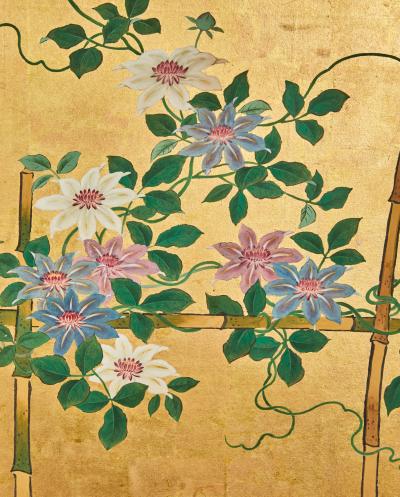 Pair of Japanese Six Panel Screens Clematis