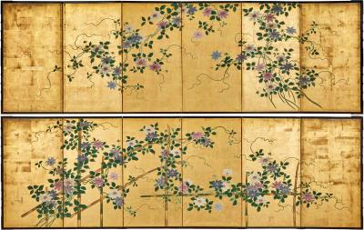 Pair of Japanese Six Panel Screens Clematis