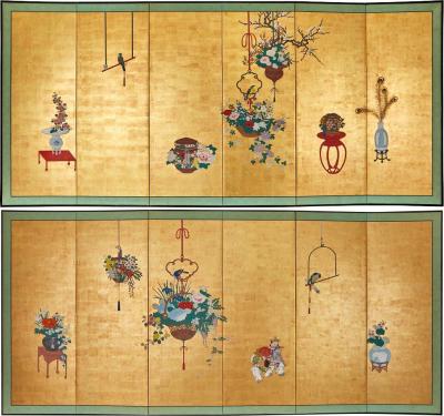 Pair of Japanese Six Panel Screens Examples of Ikebana Flower Arrangements 