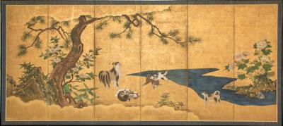 Pair of Japanese Six Panel Screens Floral Landscape Mother with Young