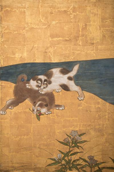 Pair of Japanese Six Panel Screens Floral Landscape Mother with Young