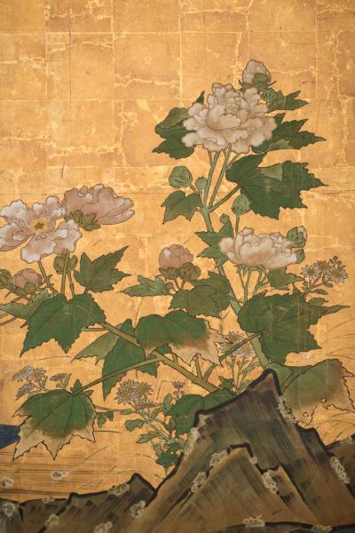 Pair of Japanese Six Panel Screens Floral Landscape Mother with Young