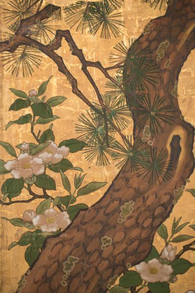 Pair of Japanese Six Panel Screens Floral Landscape Mother with Young