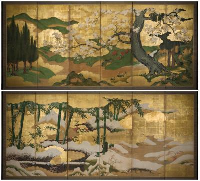 Pair of Japanese Six Panel Screens Four Seasons