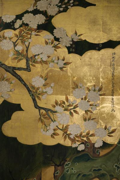 Pair of Japanese Six Panel Screens Four Seasons