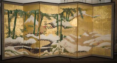 Pair of Japanese Six Panel Screens Four Seasons
