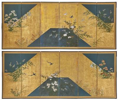 Pair of Japanese Six Panel Screens Garden Walkway 