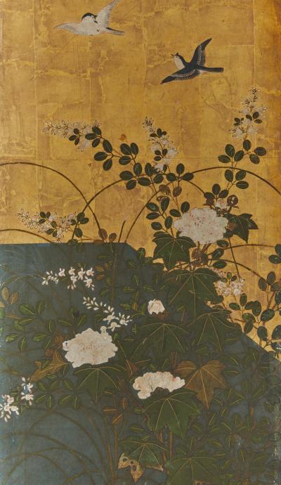 Pair of Japanese Six Panel Screens Garden Walkway 