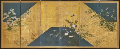 Pair of Japanese Six Panel Screens Garden Walkway 