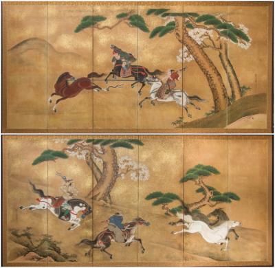 Pair of Japanese Six Panel Screens Japanese Riders in Pursuit of Wild Horses