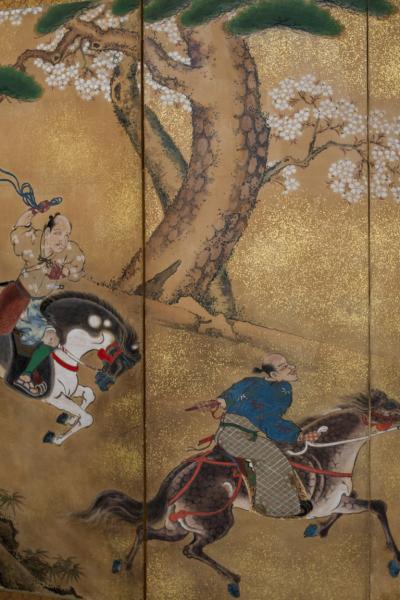 Pair of Japanese Six Panel Screens Japanese Riders in Pursuit of Wild Horses