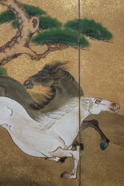 Pair of Japanese Six Panel Screens Japanese Riders in Pursuit of Wild Horses